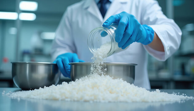 Scientist in lab coat, blue gloves pours white granules from glass jar into metal bowl. Researching new plastic materials, production methods for industry. Developing innovative chemical compounds.
