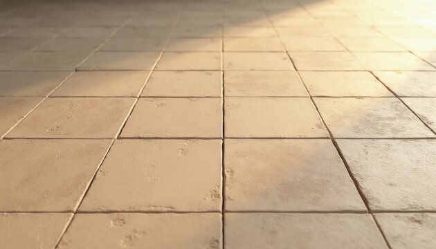 Beige tiled floor texture, perspective view of square stone pavers. Light and shadow play across a modern neutral pattern, ideal for backgrounds. Abstract architectural surface.