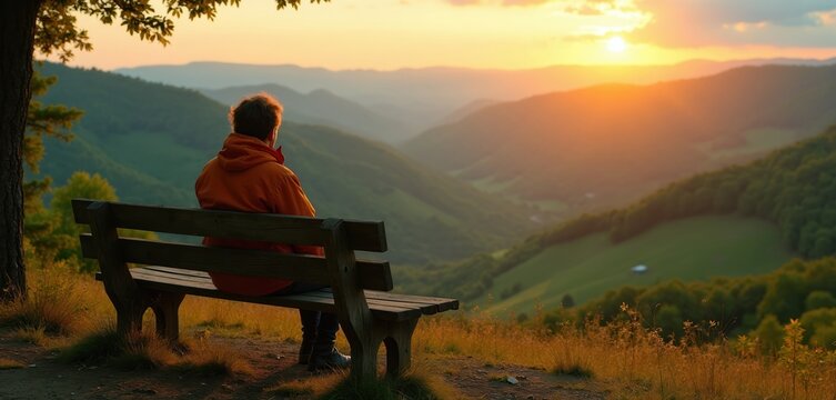 Man sits on wooden bench admiring mountain valley at sunset. Person rests on seat, watching golden sun rays over green hills. Peaceful view from mountain top.