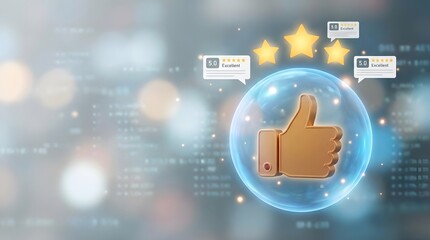 Naklejka premium Thumbs up and review stars floating for the concept of Feedback and Satisfaction.