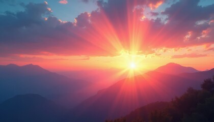 Fototapeta premium Sunrise over misty mountains. Sunbeams break through clouds casting pink orange light across landscape. Distant peaks layered in haze. New day begins.