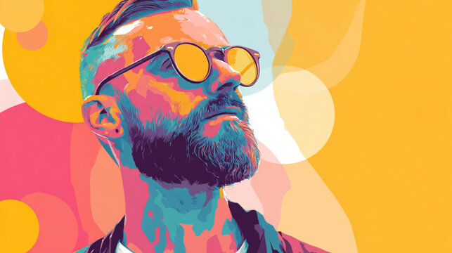 Stylized Bearded Man Wearing Sunglasses Against Vibrant Abstract Background For Creative Concepts