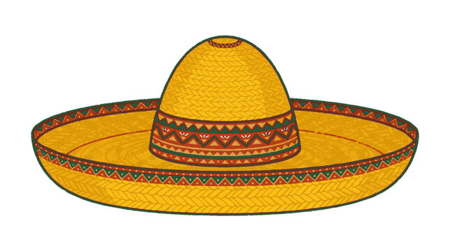 Traditional mexican sombrero with vibrant yellow texture and colorful embroidered patterns isolated on white background