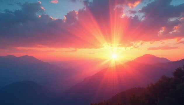 Sunrise over misty mountains. Sunbeams break through clouds casting pink orange light across landscape. Distant peaks layered in haze. New day begins.