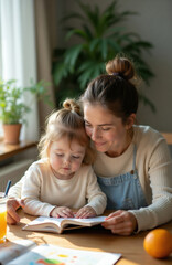 Fototapeta premium Mother reads book with child. Mom and daughter share story time, learning together at home. Young girl enjoys reading with parent, bonding over literature.