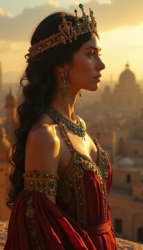 Woman wears ornate crown and jeweled dress. She looks out over ancient city at sunset. Regal female represents historical queen. She has dark wavy hair and wears gold earrings.