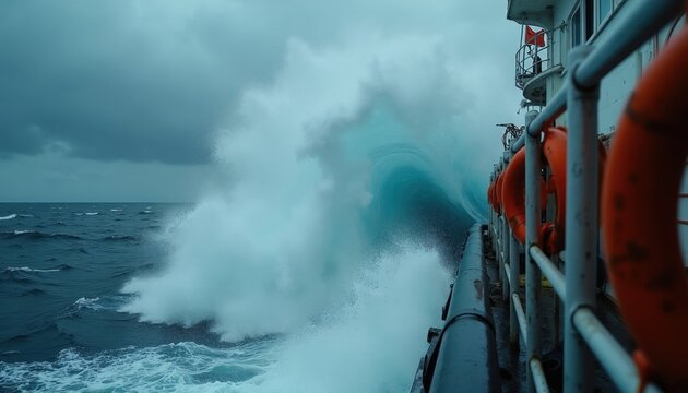 Large ocean wave crashes onto ship deck side during storm. Turbulent sea water sprays high in air. Vessel navigates rough waters. Dramatic natural power.