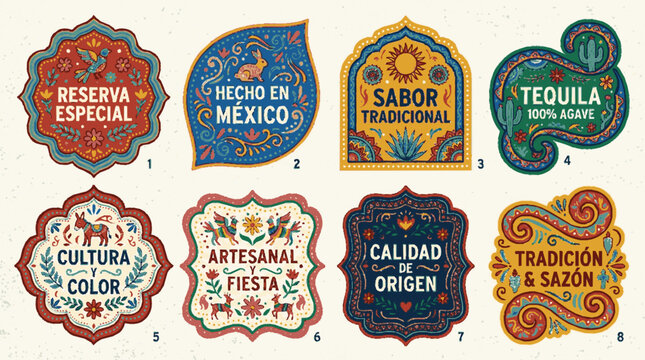 Set of colorful vector labels with spanish phrases for tequila food and culture decorative stickers