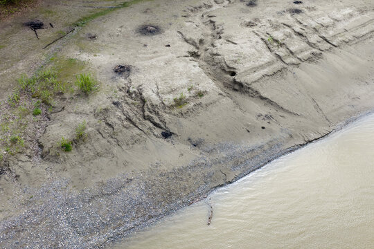 Aerial View Of Fraser River Muddy Shoreline With Erosion, Pebble Beach And Sparse Vegetation