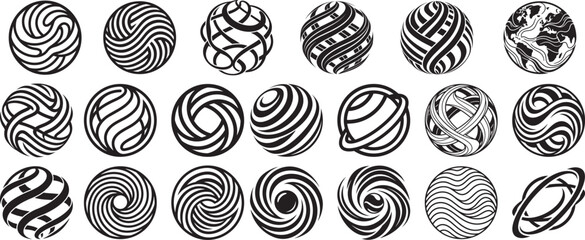 Set of abstract black and white sphere icons with various geometric line patterns and swirling shapes for modern creative graphic design projects © Apurba