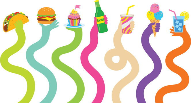 Colorful long arms holding various fast food meals drinks and snacks like tacos burger ice cream and soda for a fun party celebration concept