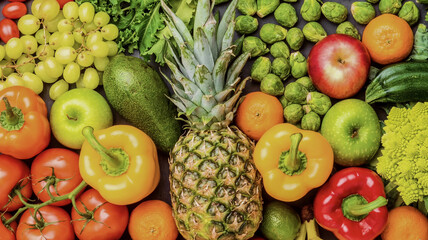 Obraz premium Vibrant flat-lay of fresh fruits and vegetables, including pineapple, peppers, and grapes. High-quality food photography with rich colors. Ideal for health, wellness, and culinary themes.