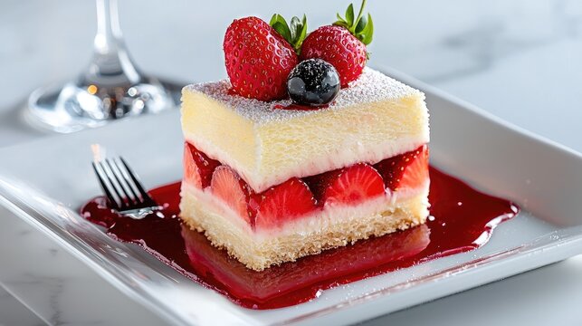 Elegant dessert square cake with fresh berries.
