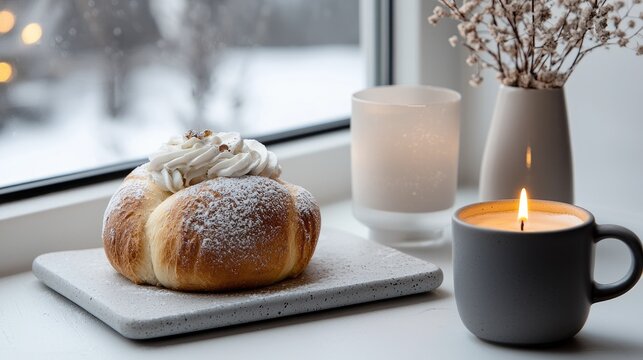 A wintery window scene with sweet pastry and candlelight.
