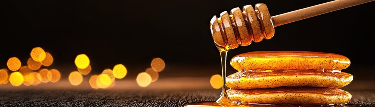 Honey dripping onto a stack of golden pancakes.