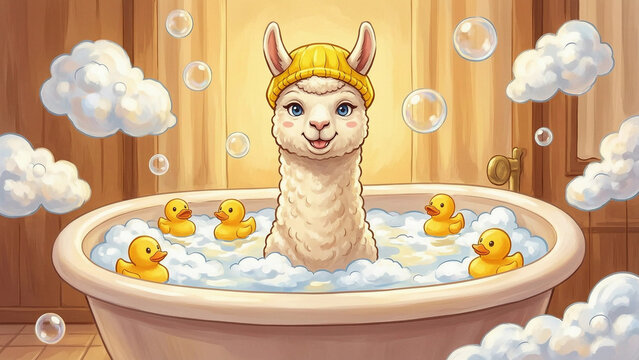 Illustartion of a funny lama taking a bath in a bathtub