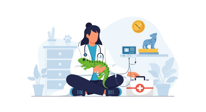 Veterinarian caring for a green lizard, medical checkup illustration