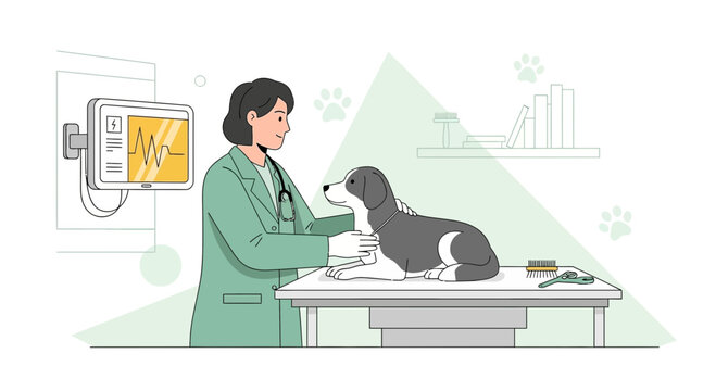 Veterinarian examining a dog on a table with medical equipment, illustration