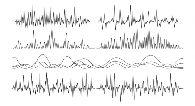 Sound wave patterns, audio signal graphics, waveform illustrations, vector sound waves