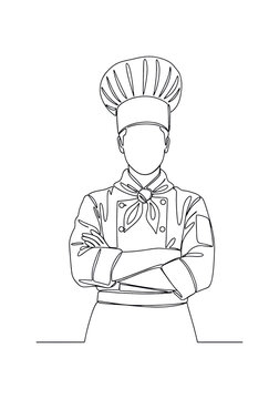 Silhouette of a baker in a chef toque and neckerchief with arms crossed, rendered in a continuous black line on white, concept of professional culinary skill