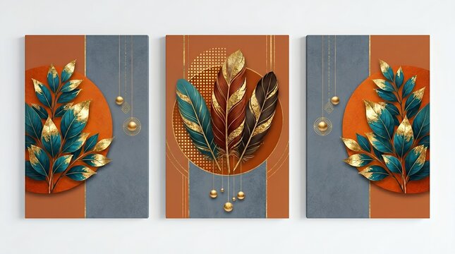 Three Panel Botanical Triptych Featuring Metallic Gilded Teal Leaves and Stylized Feathers Against Terracotta and Slate Textures