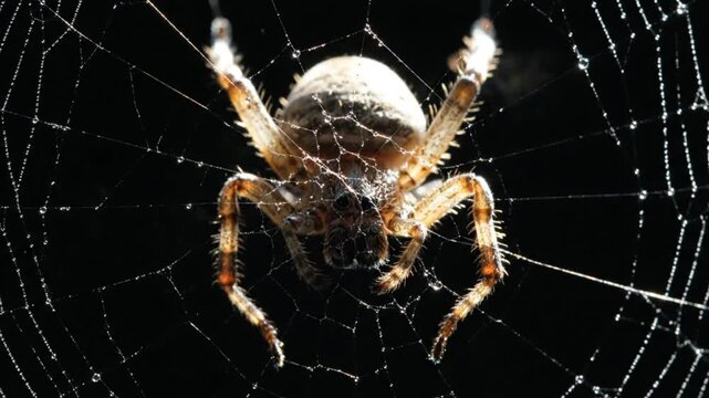 Close-up shot of an orb-weaver spider resting in its web, illuminated against a dark background, showcasing its intricate details