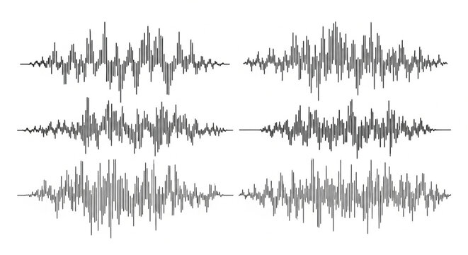 Sound wave patterns, audio signal graphics, waveform illustrations, vector sound waves