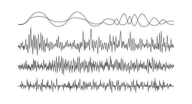 Sound wave patterns, audio signal vectors, waveform graphics, equalizer elements