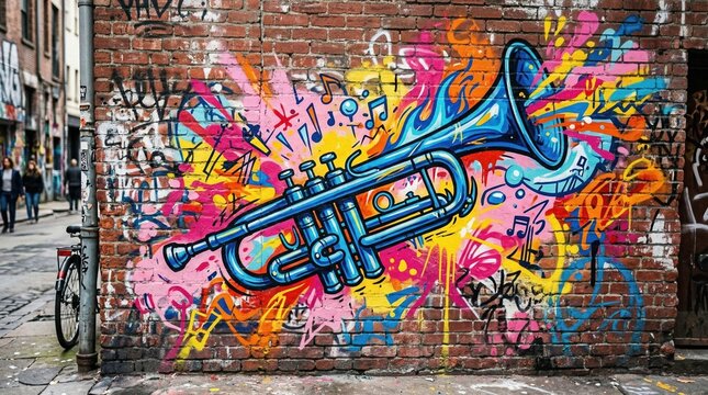 Vibrant graffiti art featuring a blue trumpet and musical notes spray-painted on a brick wall in an urban alleyway