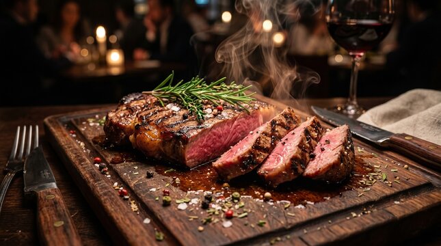 Steaming grilled beef steak sliced on rustic wooden board with rosemary and smoke - premium gourmet food concept.
