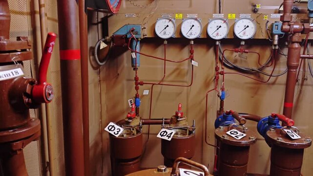 Closeup filter housings with numbered lids, red levers and pressure gauges, plumber role implied removing cartridges, changing seals and documenting maintenance for lifecycle management