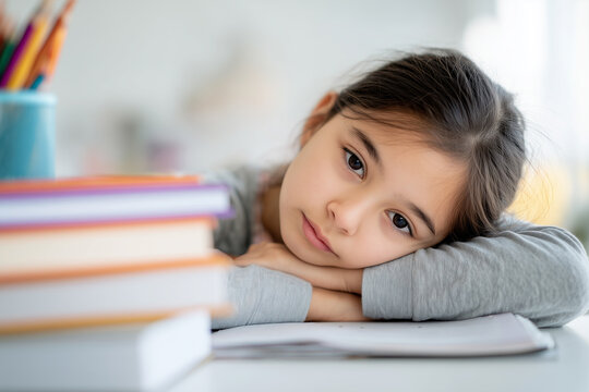 Tired girl resting at desk with school books.