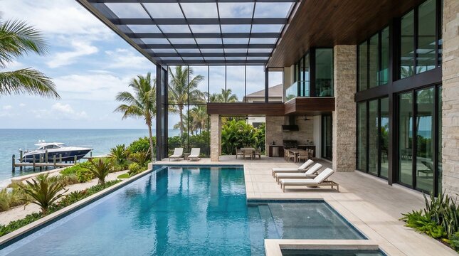 Luxury modern villa with infinity pool, yacht at dock, and ocean view, featuring glass walls and stone exterior
