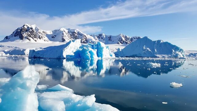 Blue iceberg floating in calm polar ocean surrounded by snowy mountains representing fragile Arctic environment