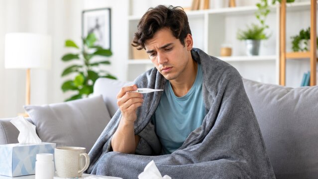 Sick young man checking temperature with thermometer wrapped in blanket at home