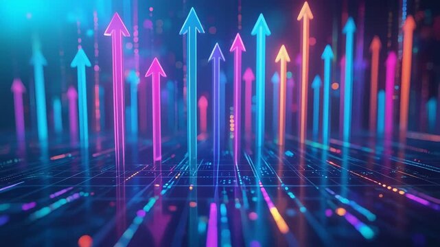 Glowing neon arrows rising upward on digital grid representing data growth financial analytics and technology