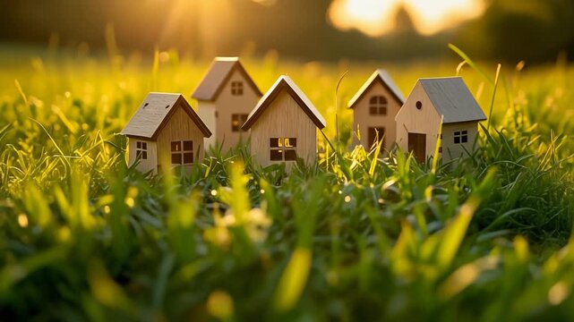 Small miniature houses glowing in sunset grass symbolizing real estate community living and property investment