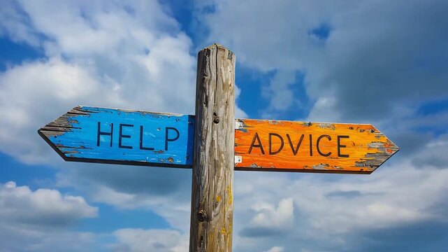 Wooden signpost pointing to help and advice directions against blue sky symbolizing guidance and support