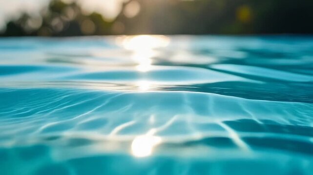 Sunlight reflecting on clear swimming pool water creating gentle ripples and bright refreshing summer background