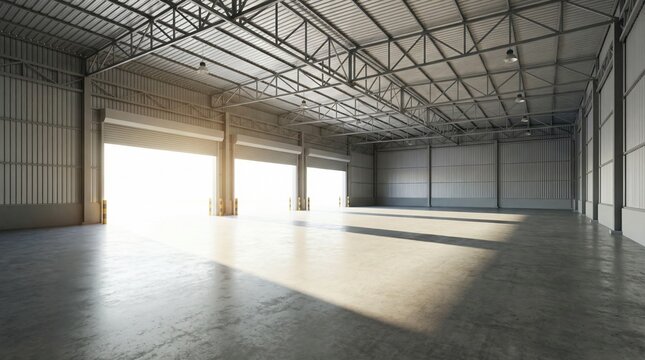 Empty industrial warehouse interior with large open roller doors and sunlight streaming in, modern construction
