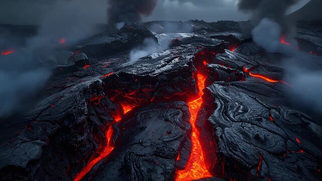 Bright molten lava streams cutting through dark volcanic rock terrain showing powerful natural geological force