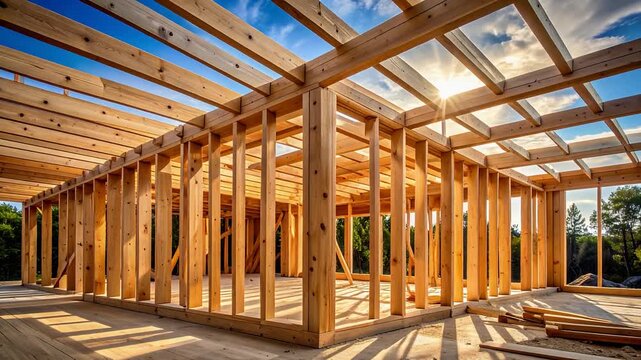 Interior wooden house frame construction with sunlight shining through beams showing modern building process