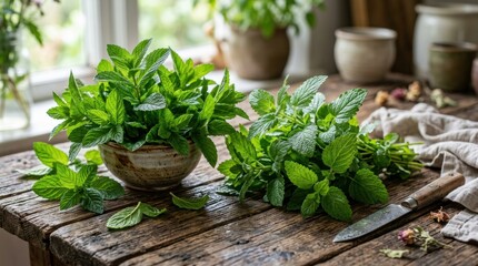 Fototapeta premium Fresh mint and lemon balm herbs in a rustic bowl and bunch on a wooden table with a knife and linen cloth