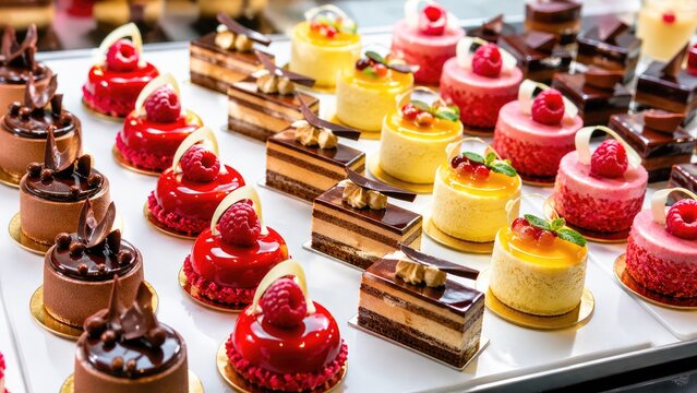 Assortment of colorful gourmet desserts and pastries in bakery display