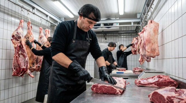Butcher in black apron and gloves cutting raw beef carcass in a meat processing facility with hanging carcasses