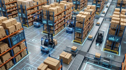 Naklejka premium Automated warehouse with forklifts, conveyor belts, and digital displays showing data, representing logistics and technology