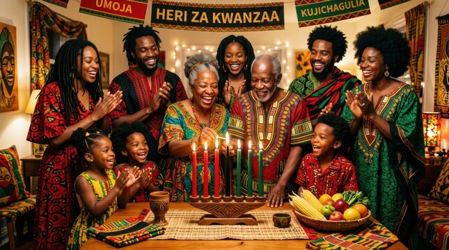 Multi-generational Black family celebrating Kwanzaa by lighting candles on a kinara, wearing traditional clothing and smiling joyfully