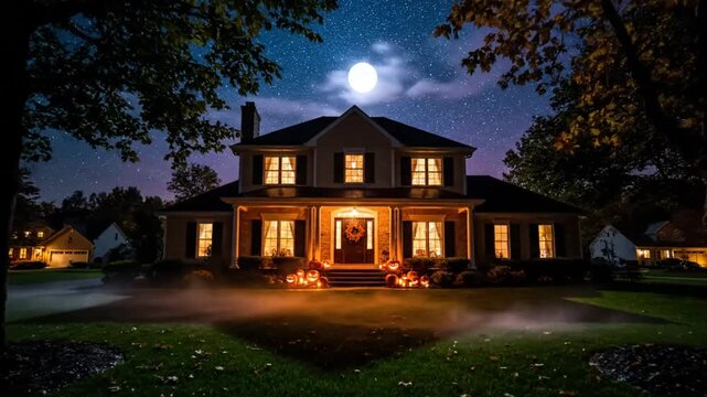 Spooky Halloween Night Scene: Illuminated House with Carved Pumpkins Under a Full Moon and Starry Sky