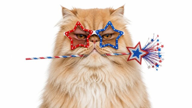 Fluffy cat in patriotic star glasses holding a festive wand, symbolizing humorous 4th of July celebrations, pet attitudes towards holidays, Independence Day parties and national pride