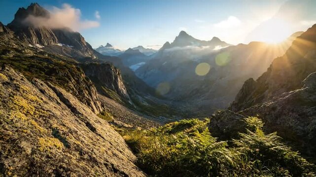 Epic mountain vista with golden sunlight shining over a valley filled with clouds and majestic peaks
